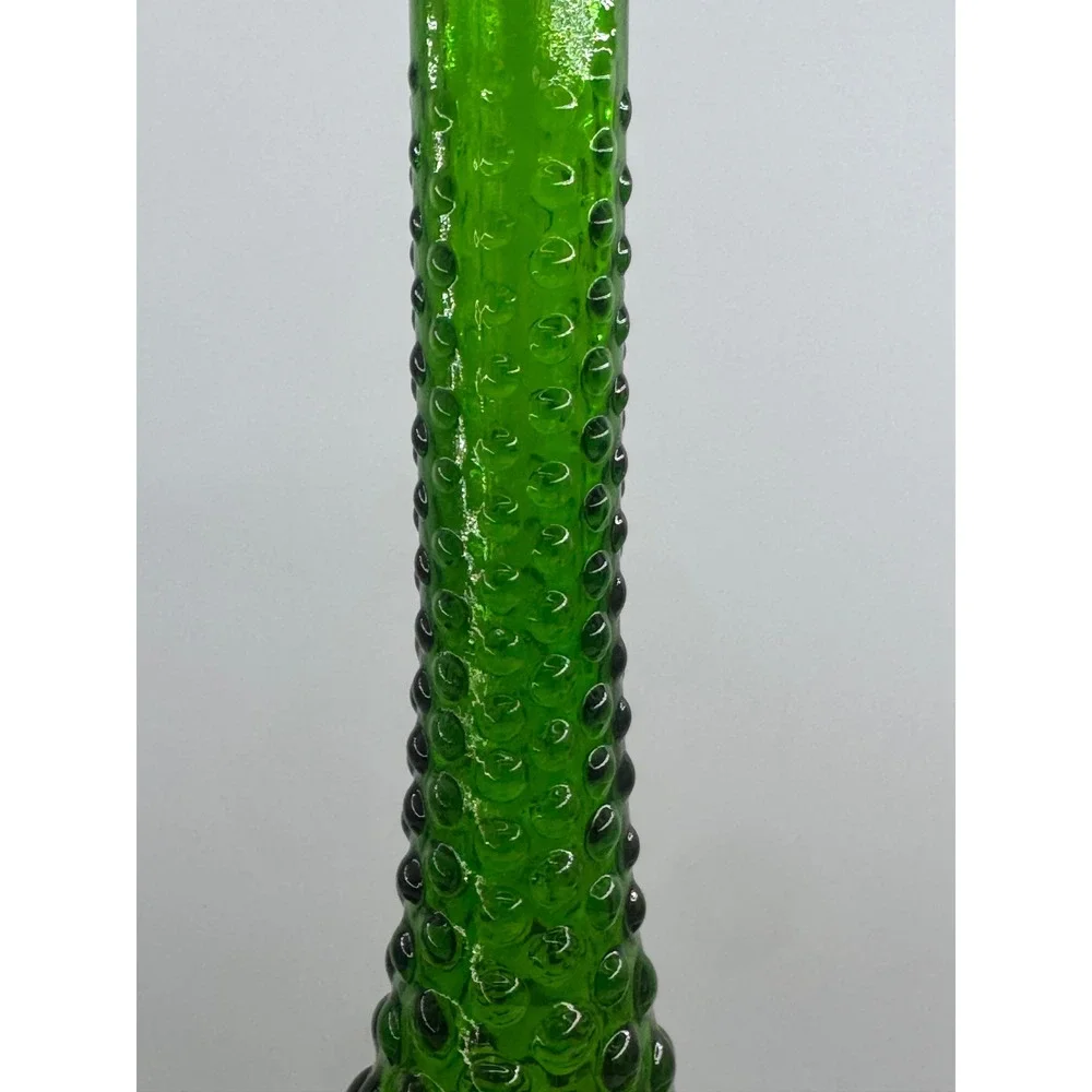 Vintage Green Glass Hobnail Genie Bottle Vase Mid Century Modern Decor 13.5 Inch